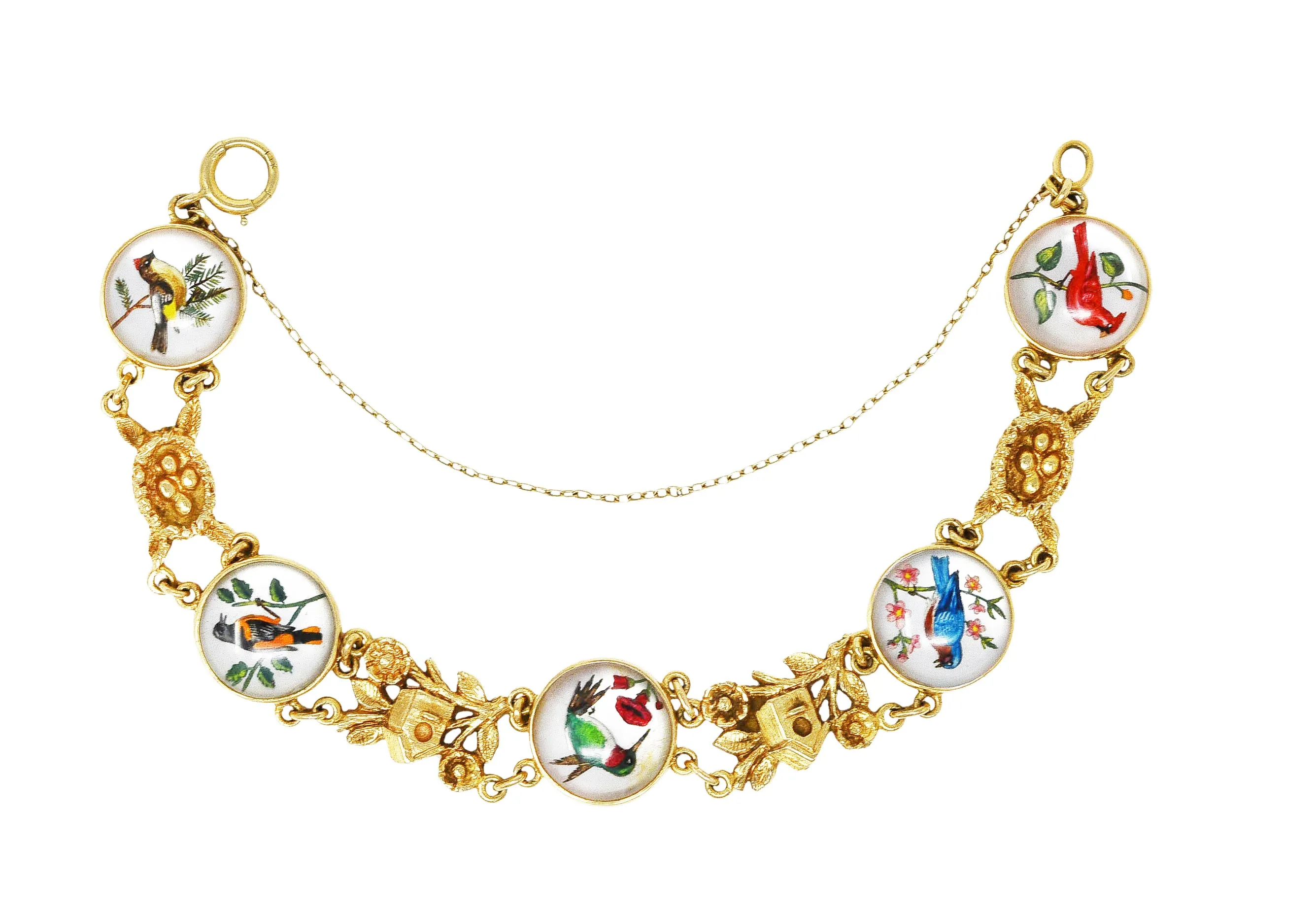 1940’s Essex Crystal Quartz 14 Karat Yellow Gold Bird Themed Antique Link Bracelet