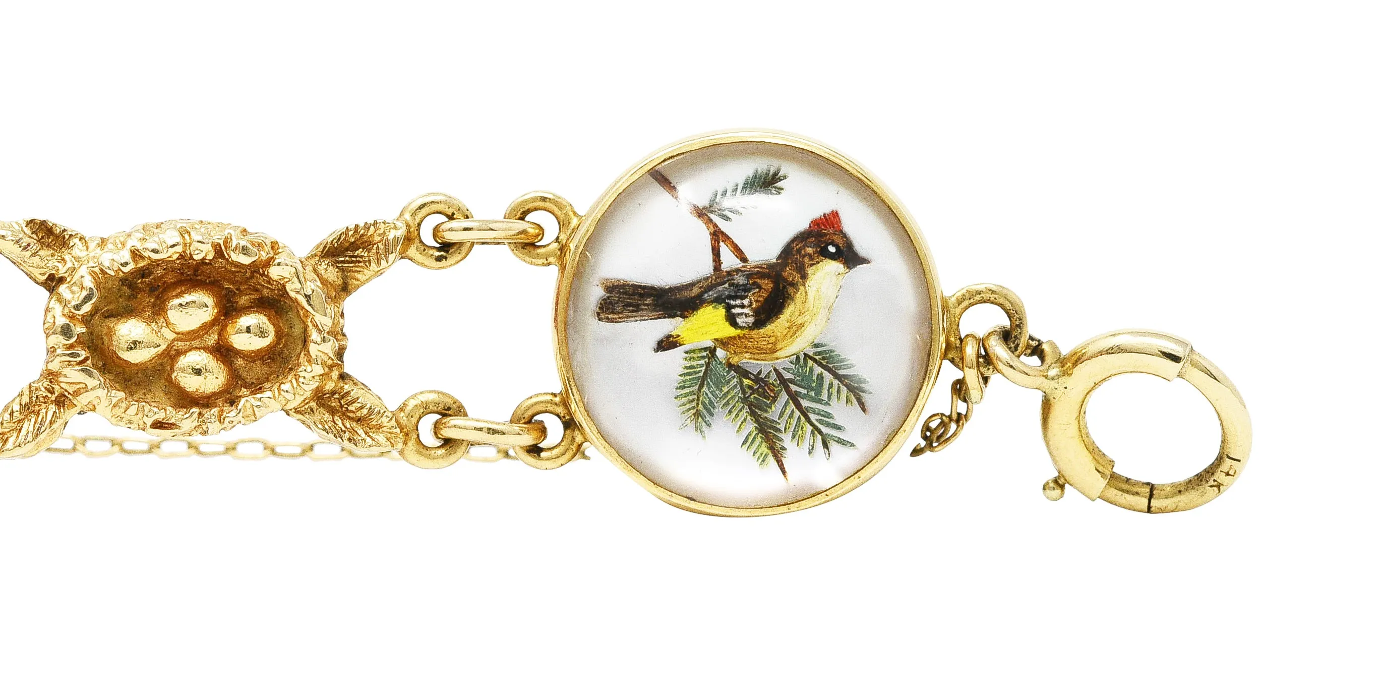 1940’s Essex Crystal Quartz 14 Karat Yellow Gold Bird Themed Antique Link Bracelet