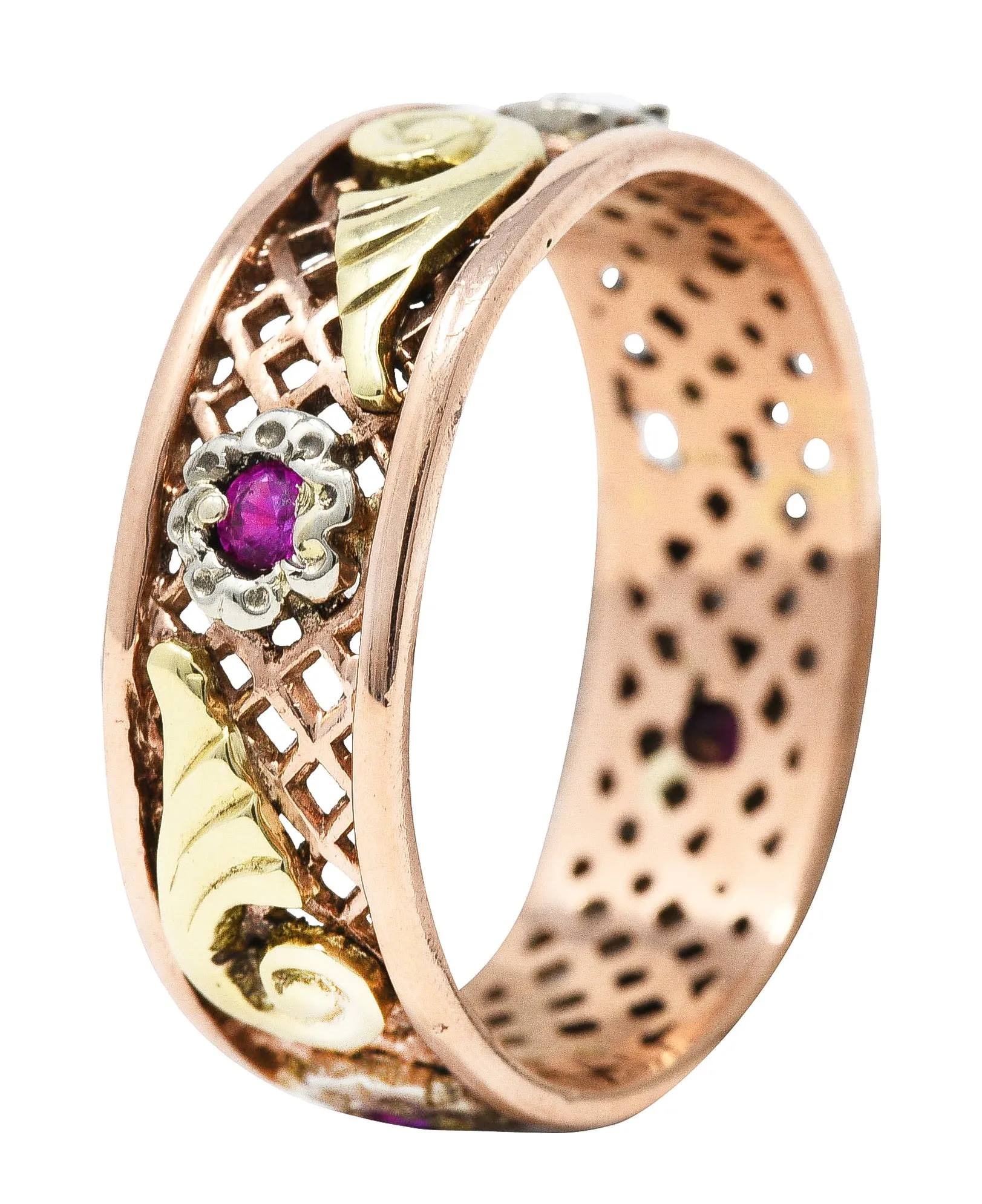 1940's Retro Ruby 14 Karat Tri-Colored Gold 7MM Unisex Band Ring
