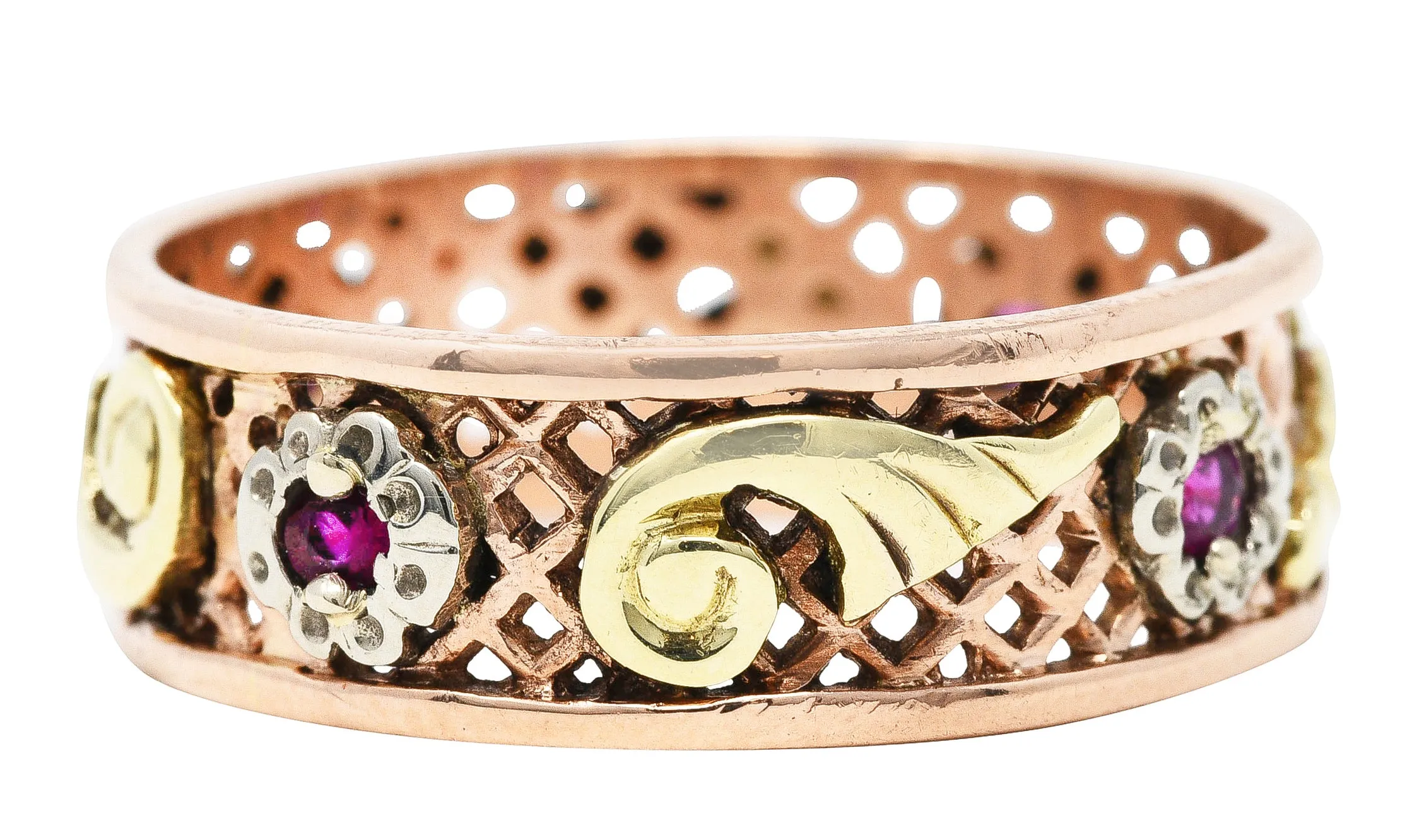 1940's Retro Ruby 14 Karat Tri-Colored Gold 7MM Unisex Band Ring