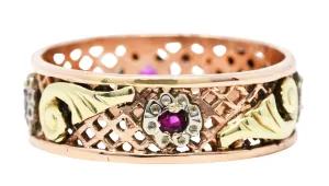 1940's Retro Ruby 14 Karat Tri-Colored Gold 7MM Unisex Band Ring