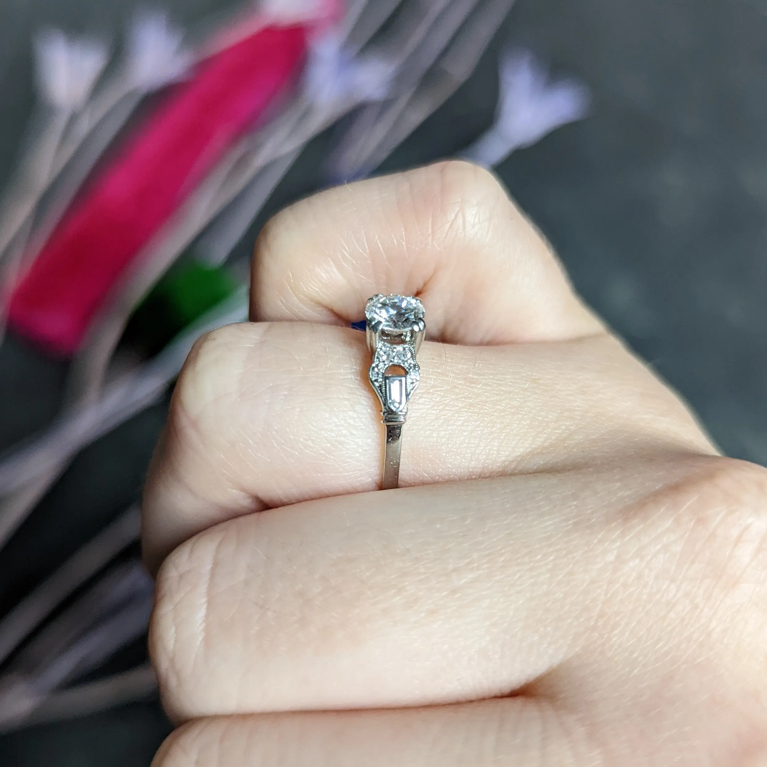 1950's Mid-Century 0.89 CTW Diamond Platinum Buckle Engagement Ring