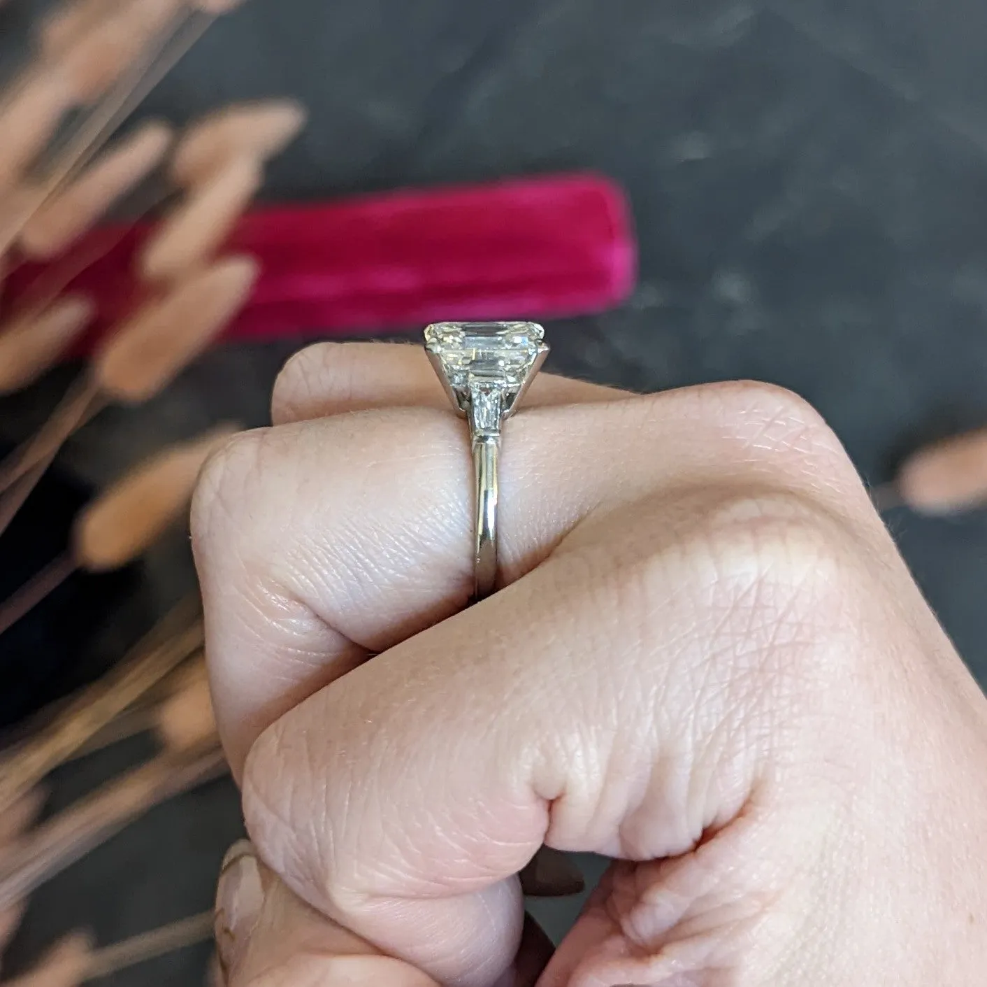 1950's Mid-Century 4.12 CTW Diamond Platinum Three Stone Vintage Ring GIA