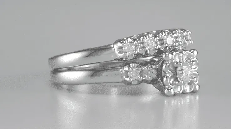 1950's Retro Moderne Lucky Clover Diamond Engagement Ring and Wedding Ring Set in 14K White Gold