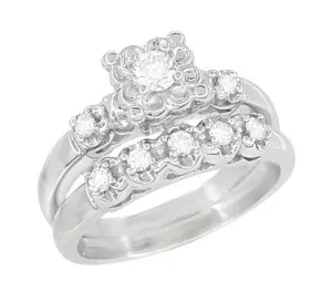 1950's Retro Moderne Lucky Clover Diamond Engagement Ring and Wedding Ring Set in 14K White Gold