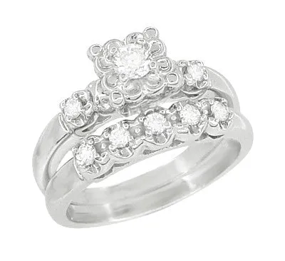 1950's Retro Moderne Lucky Clover Diamond Engagement Ring and Wedding Ring Set in 14K White Gold