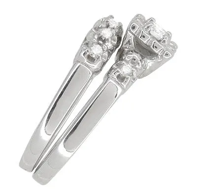 1950's Retro Moderne Lucky Clover Diamond Engagement Ring and Wedding Ring Set in 14K White Gold