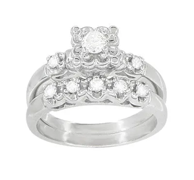 1950's Retro Moderne Lucky Clover Diamond Engagement Ring and Wedding Ring Set in 14K White Gold