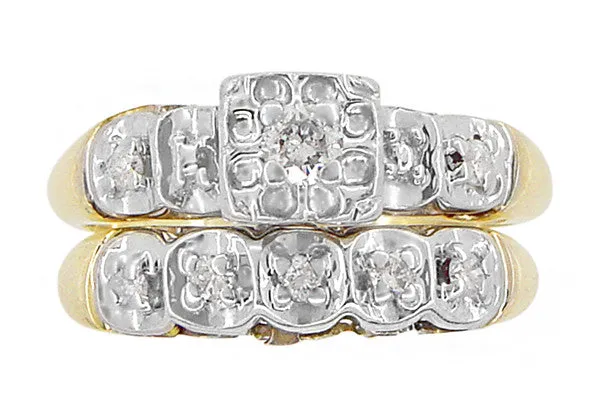 1950's Westford Two Tone Vintage Diamond Wedding Ring and Engagement Ring Set  in 10K Yellow and White Gold