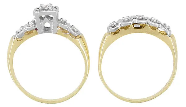 1950's Westford Two Tone Vintage Diamond Wedding Ring and Engagement Ring Set  in 10K Yellow and White Gold