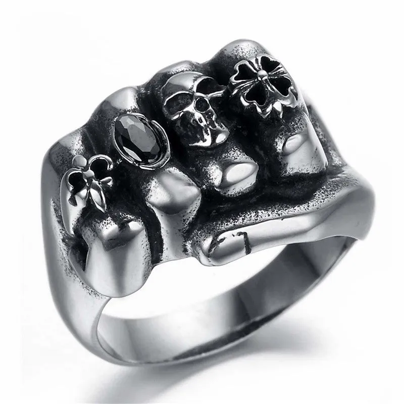 2017 Fashion Retro Style Men Gothic Flower Skull 316L Stainless Steel Biker Ring Anarchy Death Fist Skull Ring Jewelry wholesale