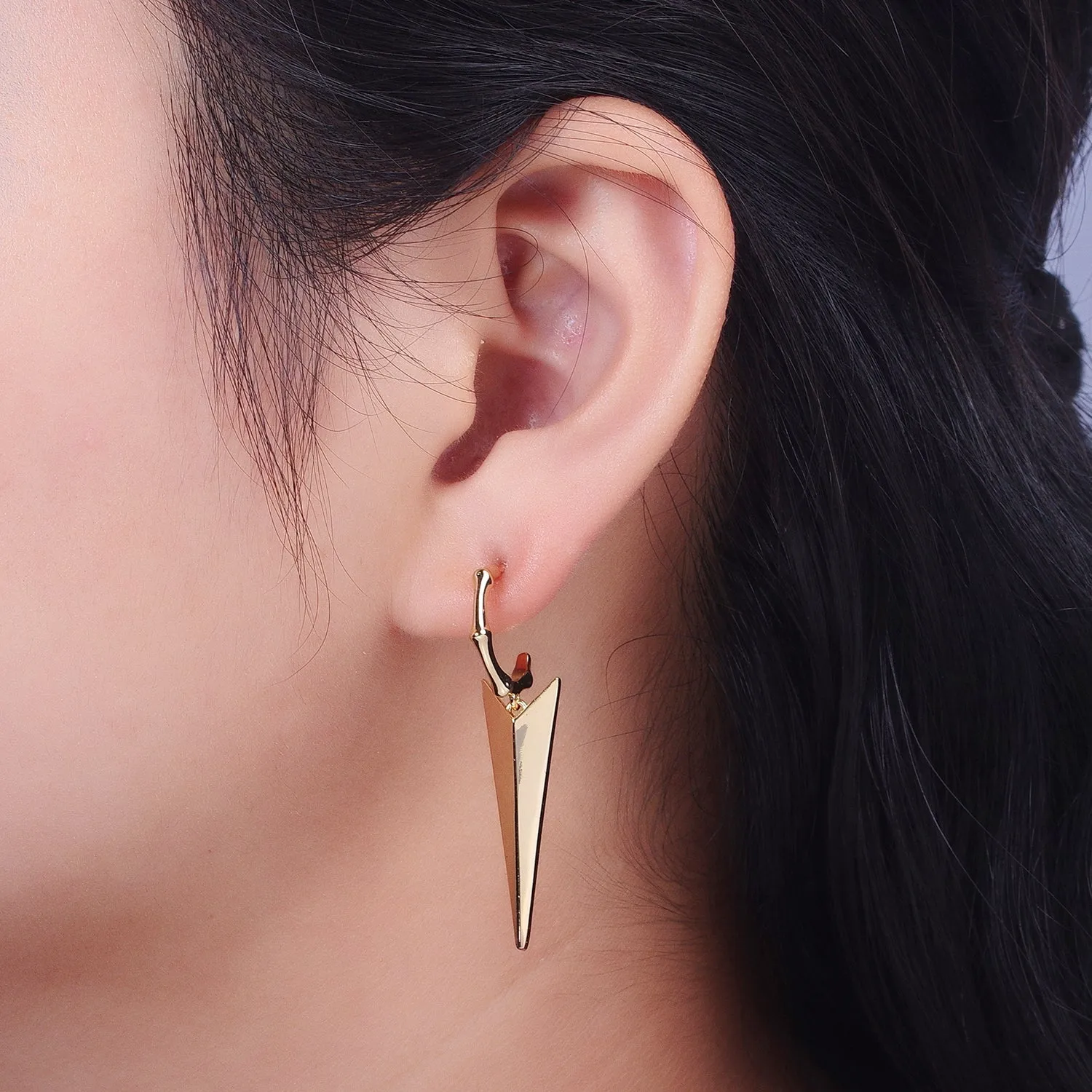 24K Gold Filled Spiked Drop Bamboo C Shaped Hoop Geometric Stud Earrings | V-005