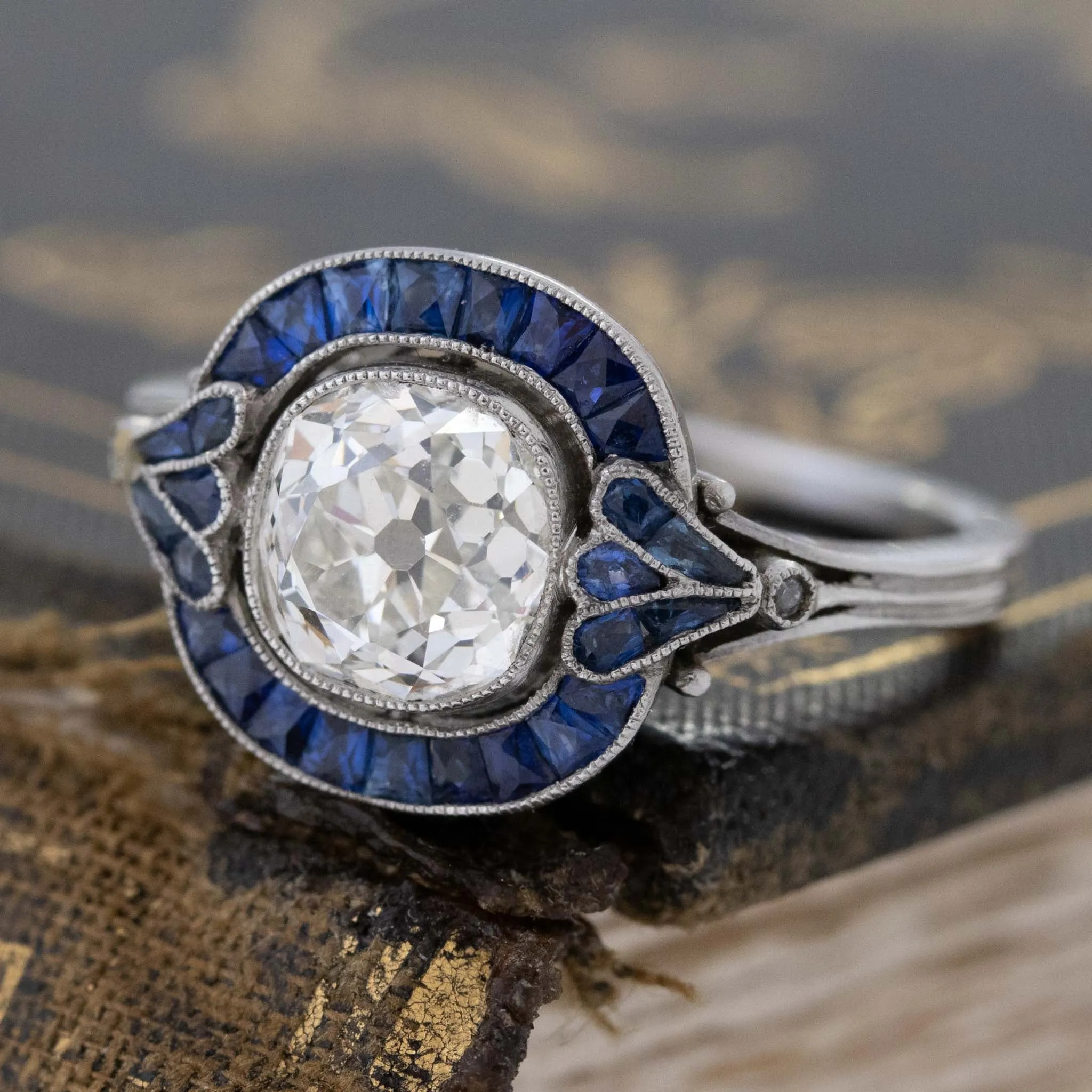 2.74ctw Old Mine Cut Diamond & Sapphire Halo Ring