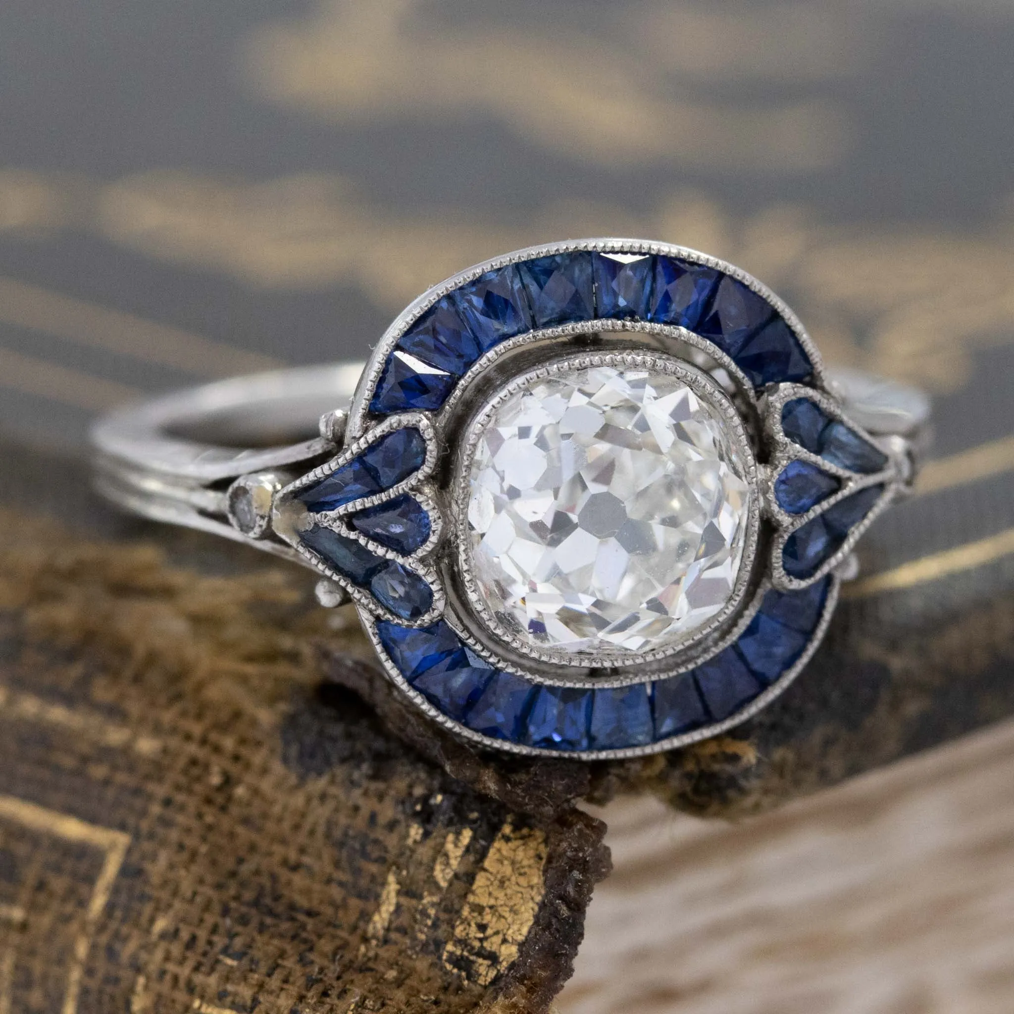 2.74ctw Old Mine Cut Diamond & Sapphire Halo Ring