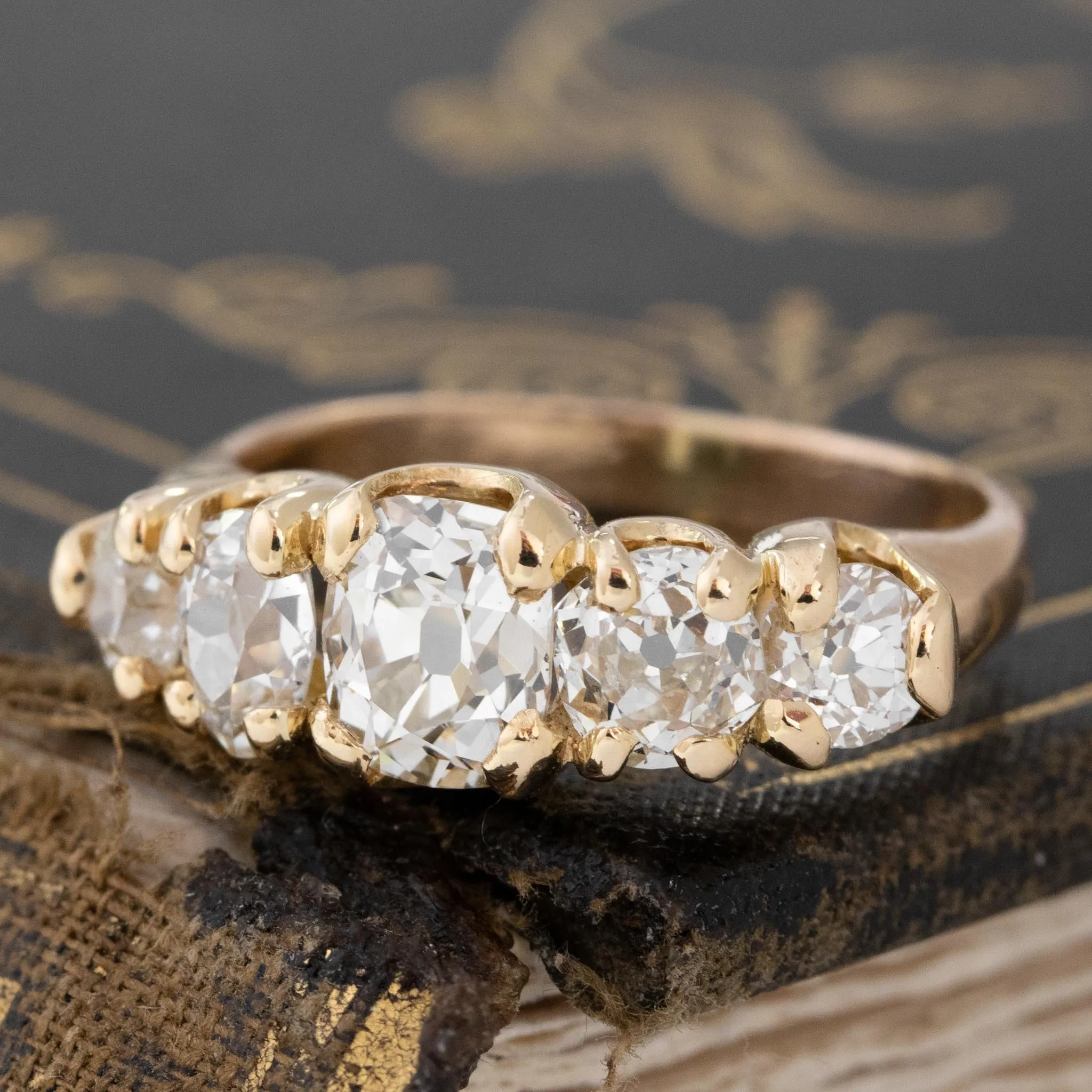 2.88ctw Antique Peruzzi Cut Graduated 5-Stone Ring, GIA N
