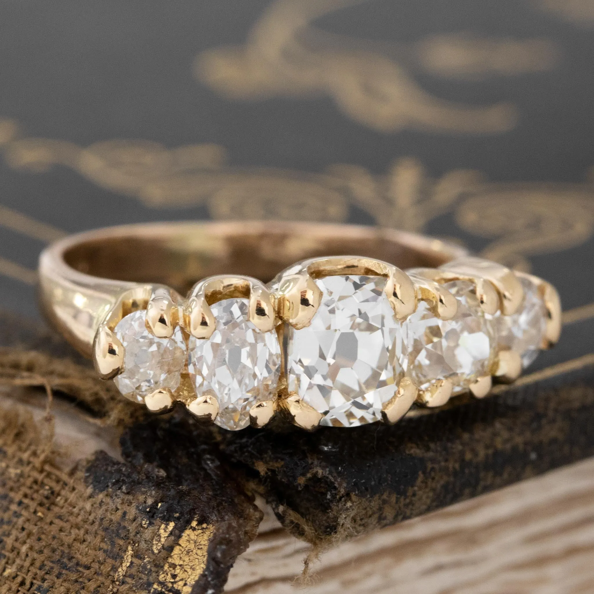 2.88ctw Antique Peruzzi Cut Graduated 5-Stone Ring, GIA N