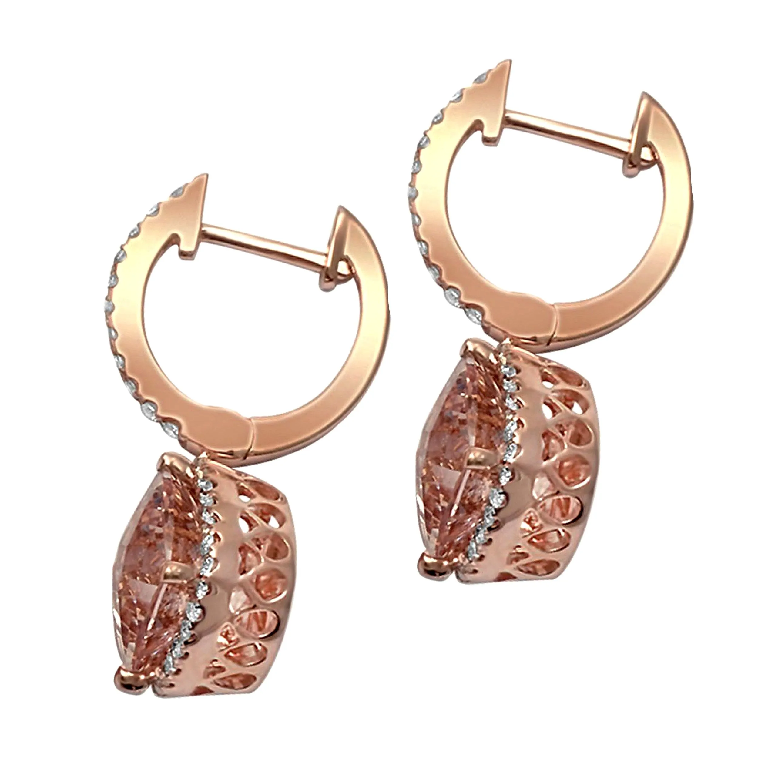 2.97tcw Cushion Morganite with Diamonds in 14K Rose Gold Dangle Drop Earrings