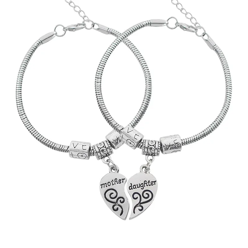 2pcs/set Bracelets Mom Jewelry Carving Love Beads Mother Daughter Bracelet Women Broken Heart Rolo Chain Bracelets Mother Gifts