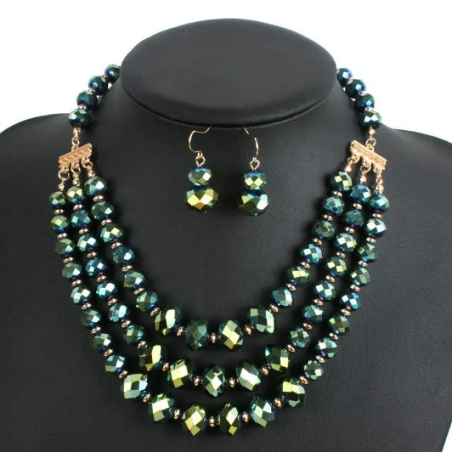 3 Rows Multi Layer Glass Beads Statement Bridal Necklace Earrings Jewelry Sets For Women Choker Necklace Jewelry Sets Duftgold