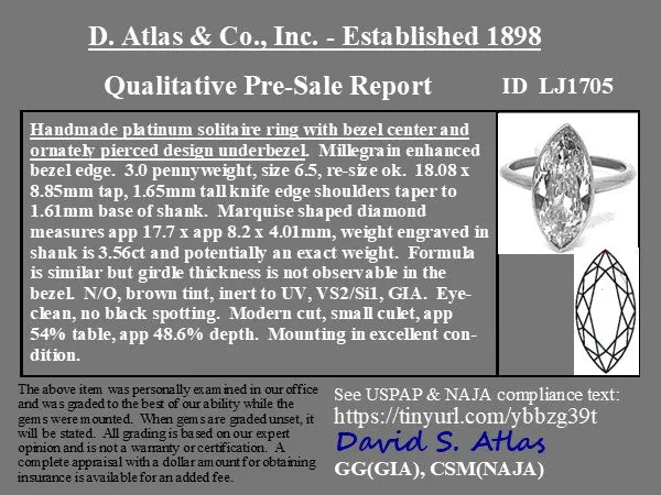 3.56ct Midcentury Marquise Cut Diamond Solitaire