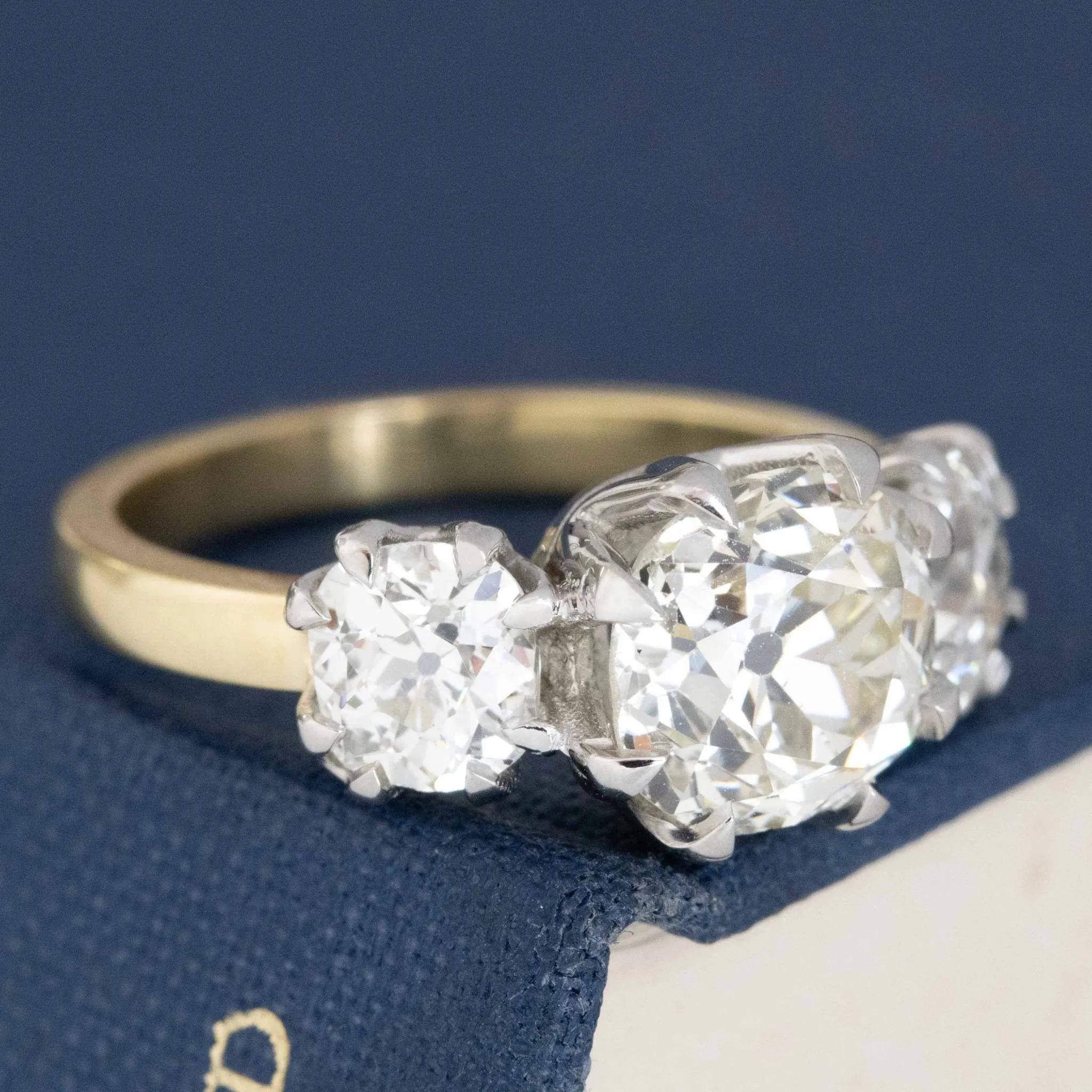 3.85ctw Old Mine Cut Diamond Trilogy Ring, GIA