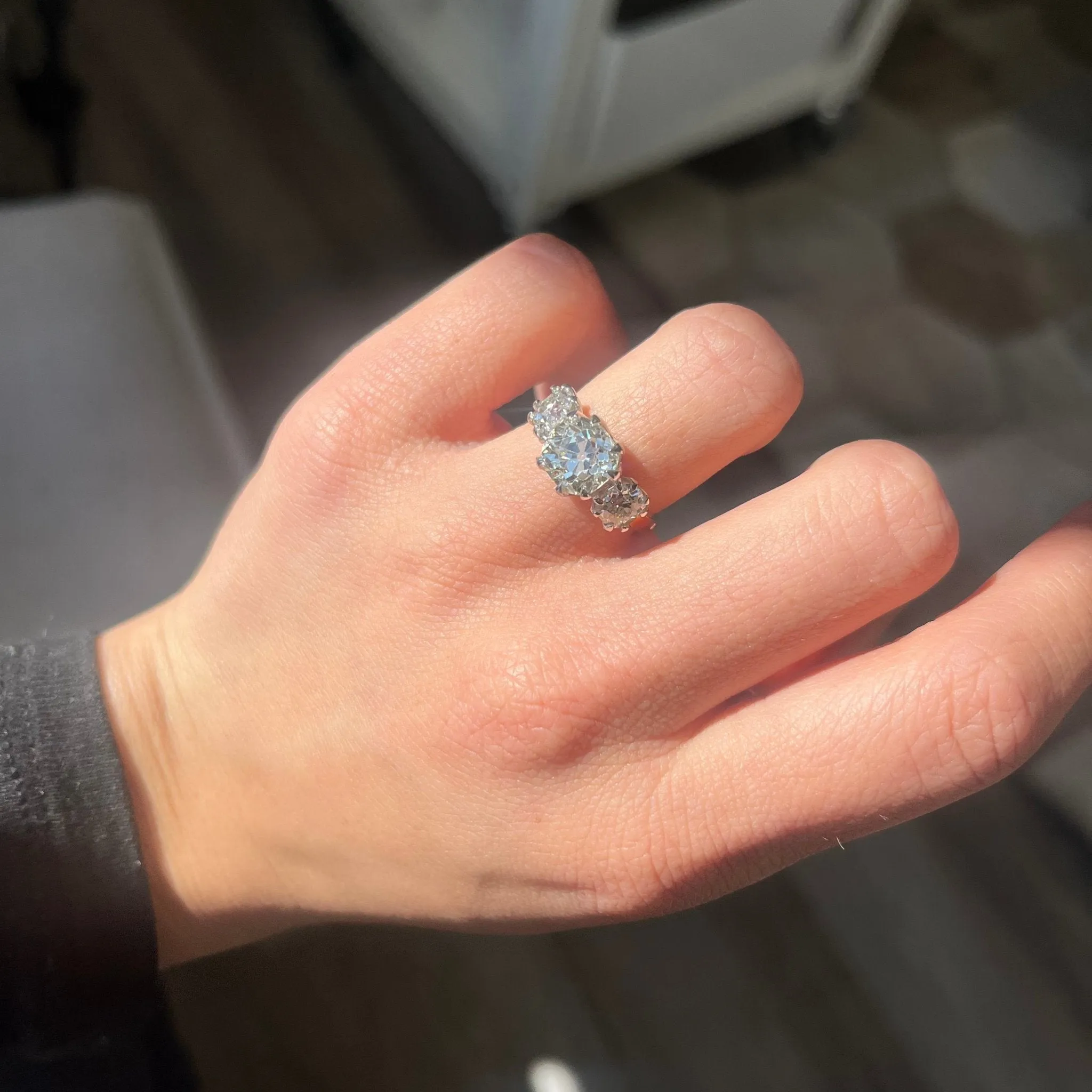 3.85ctw Old Mine Cut Diamond Trilogy Ring, GIA