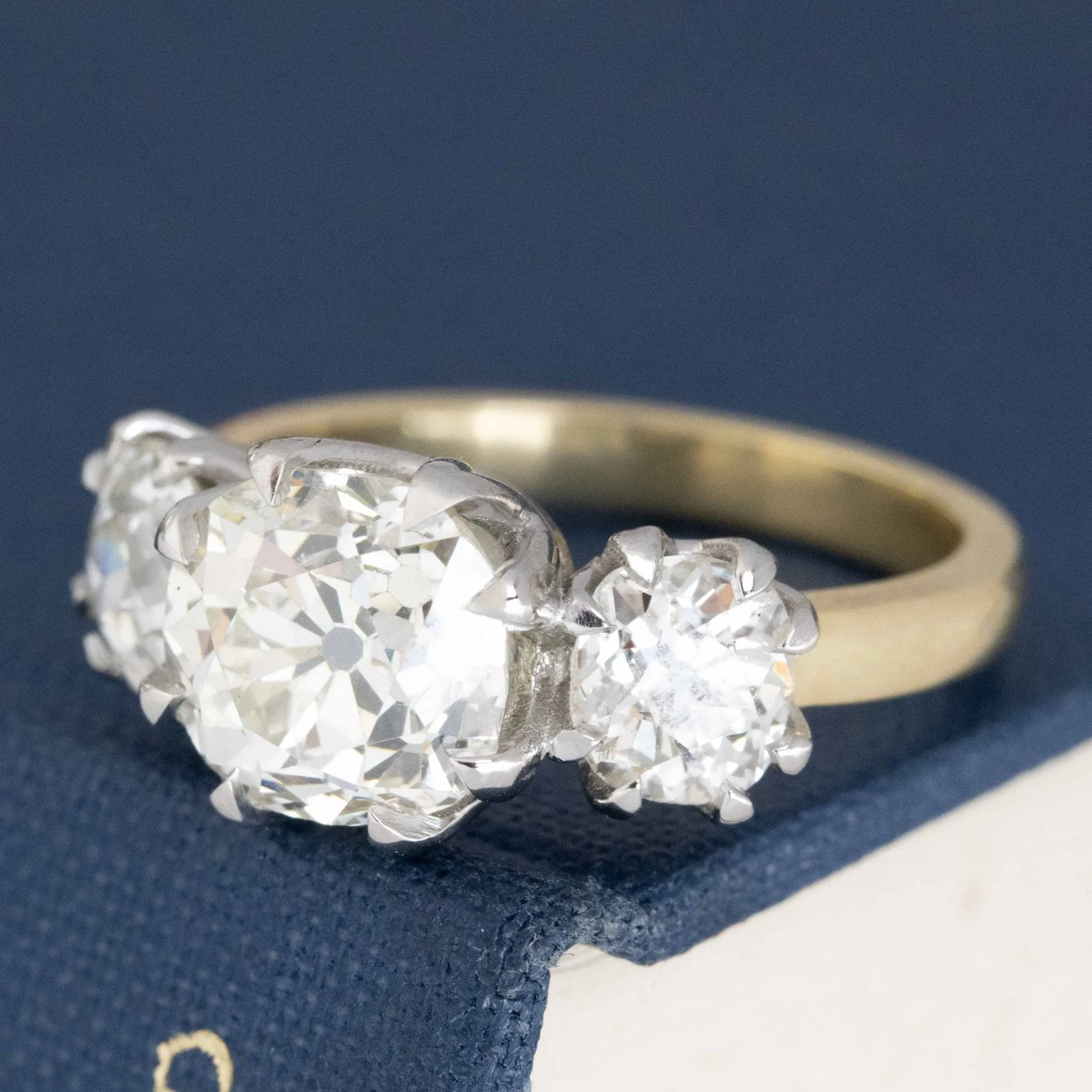 3.85ctw Old Mine Cut Diamond Trilogy Ring, GIA