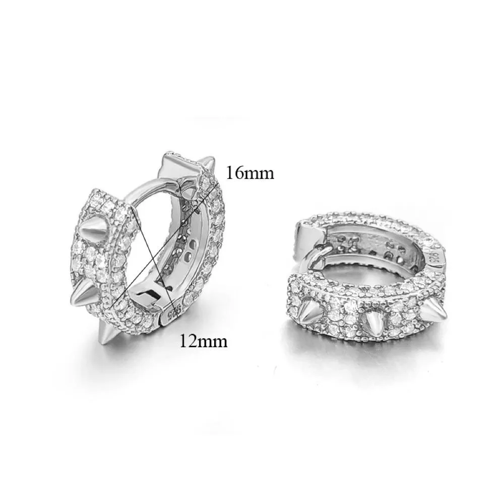 3D Spiked CZ Huggie Hoop CZ Iced Out Earrings .925 Silver