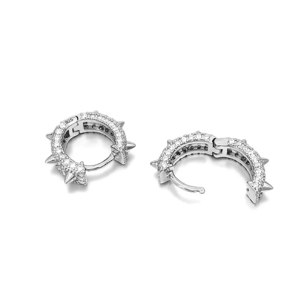 3D Spiked CZ Huggie Hoop CZ Iced Out Earrings .925 Silver