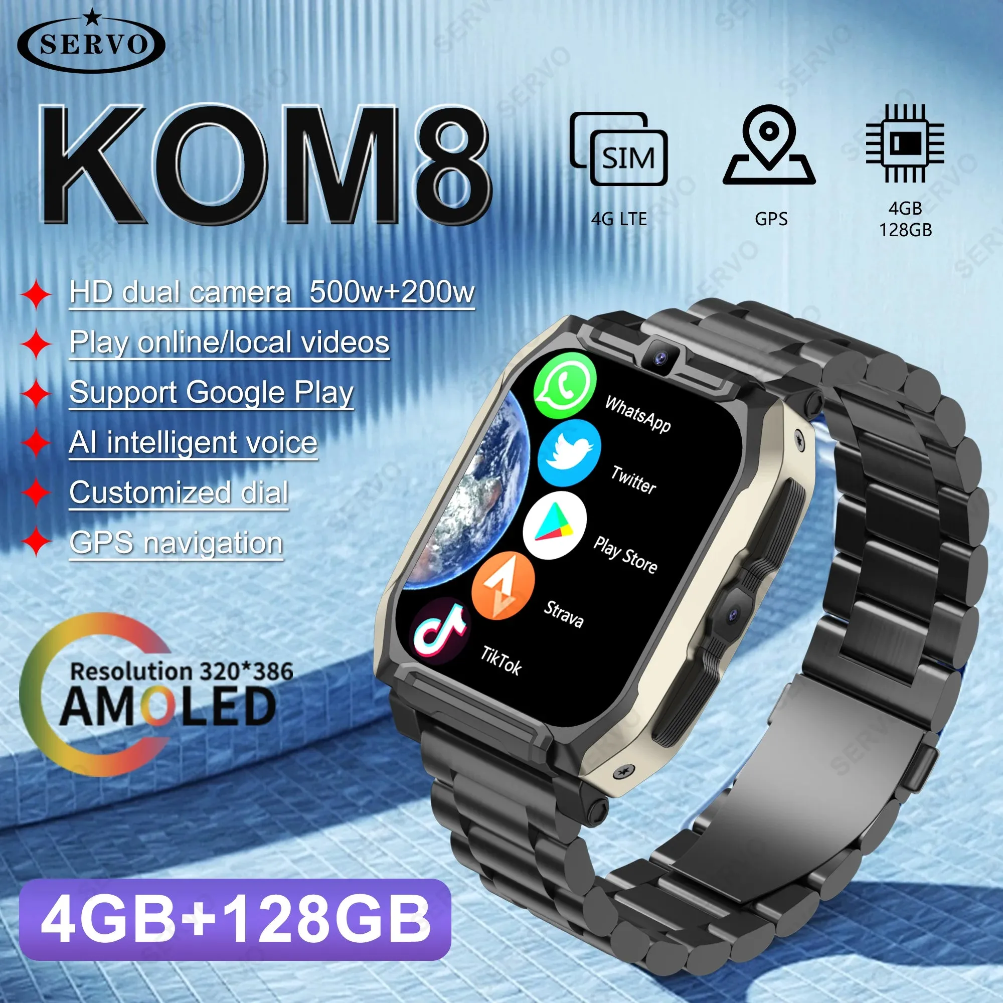 4G 128GB Smart Watch KOM8 SIM Card  Android HD Camera for Men Women Wifi GPS Google Play Store Call Music Face Recognition 2024