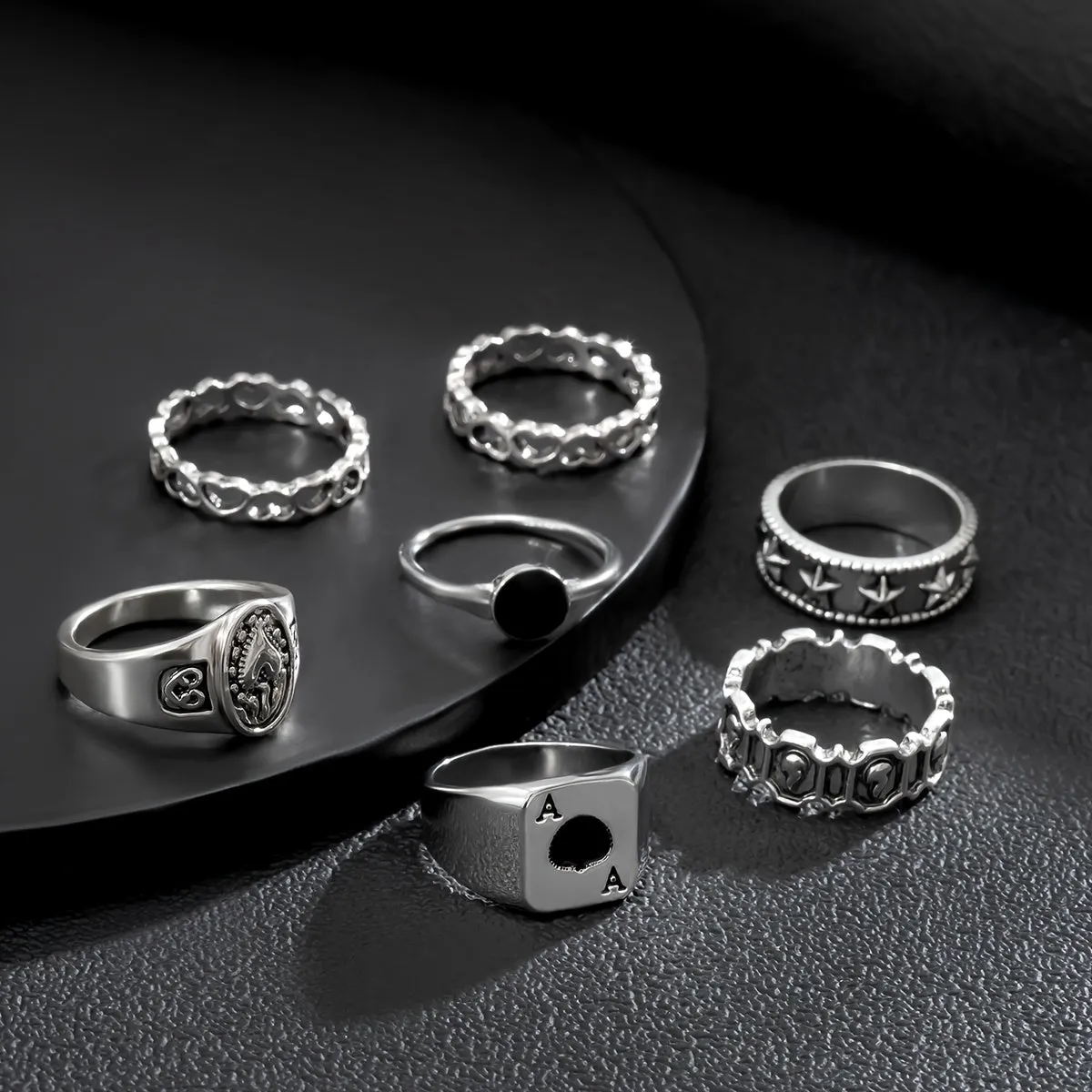 7-Piece Retro Hollow Love Element Charm Set Rings for Men