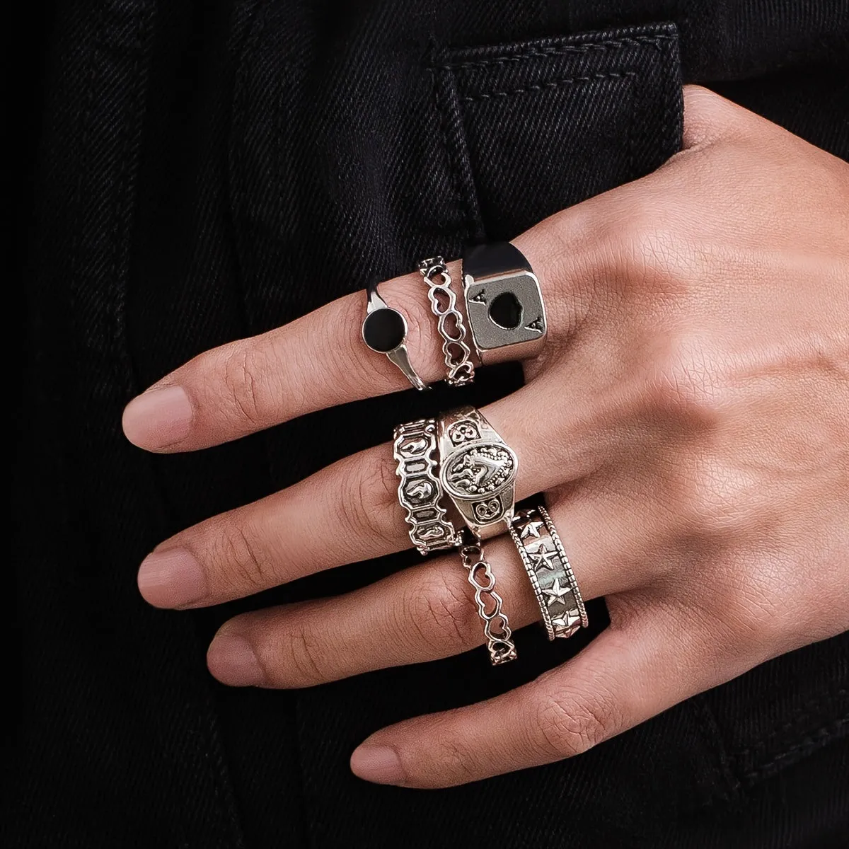 7-Piece Retro Hollow Love Element Charm Set Rings for Men