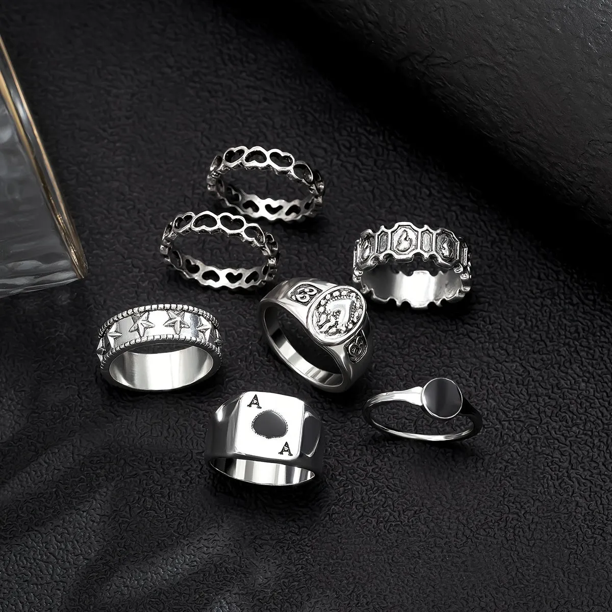 7-Piece Retro Hollow Love Element Charm Set Rings for Men