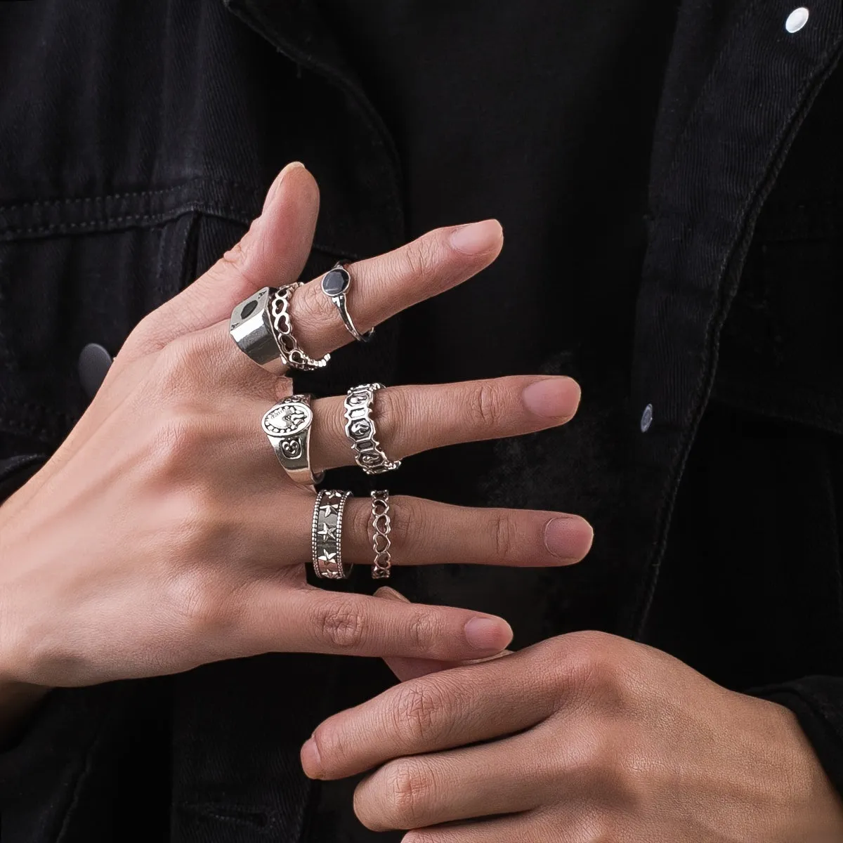 7-Piece Retro Hollow Love Element Charm Set Rings for Men