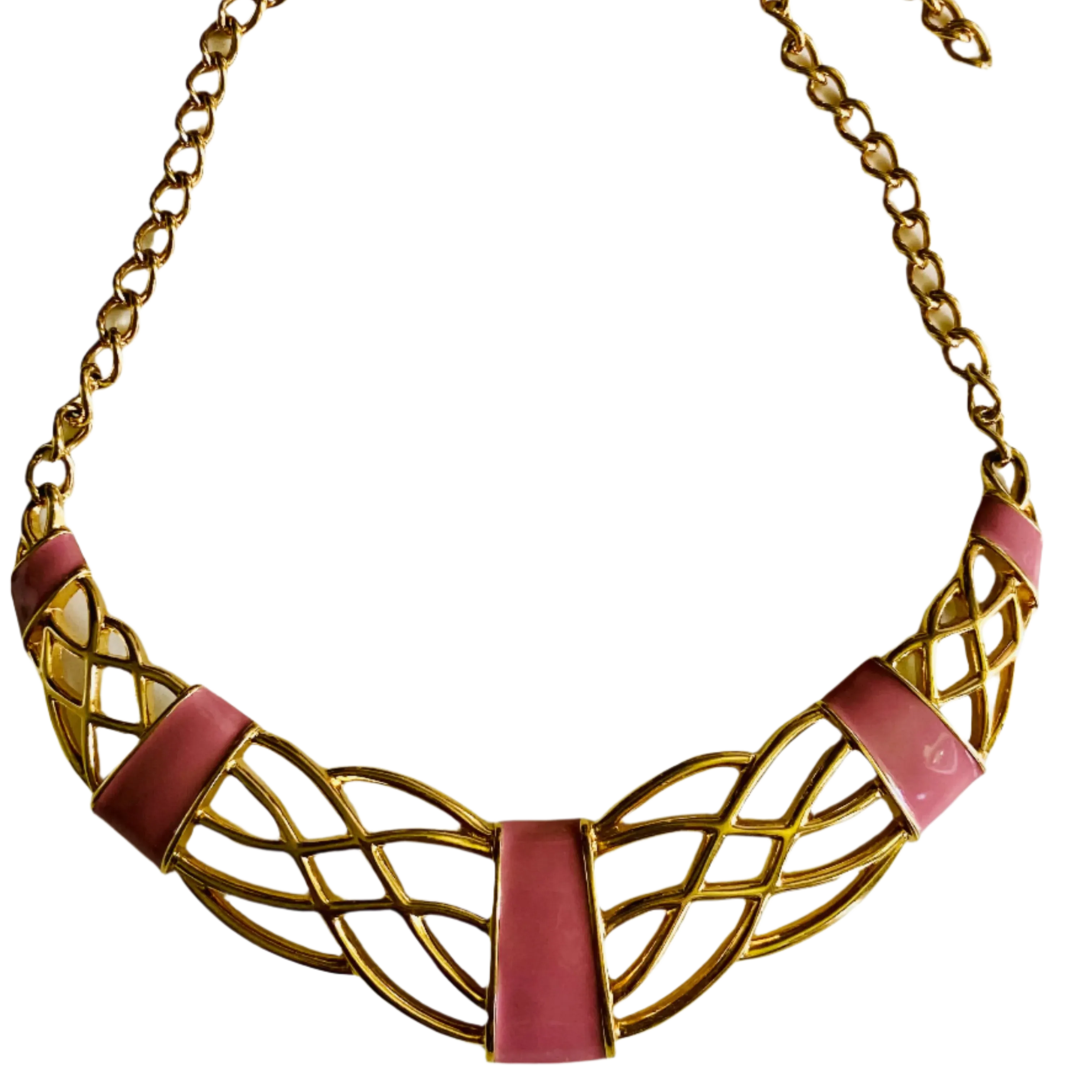 80s Monet Gold and Pink Enamel Statement Necklace