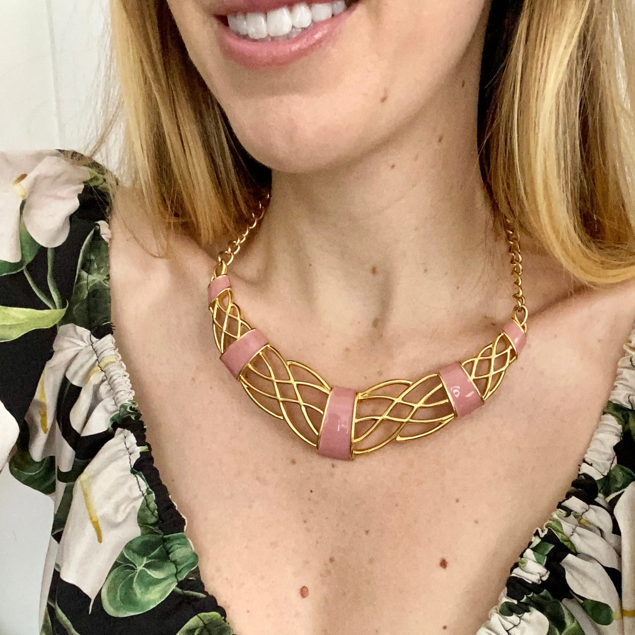 80s Monet Gold and Pink Enamel Statement Necklace