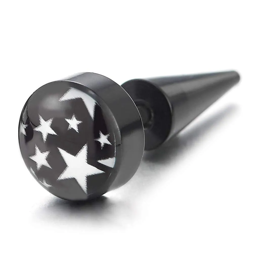 8MM Women Men Black Circle Stud Earrings with Stars, Cheater Fake Ear Plug Gauges, Spiked Screw Back