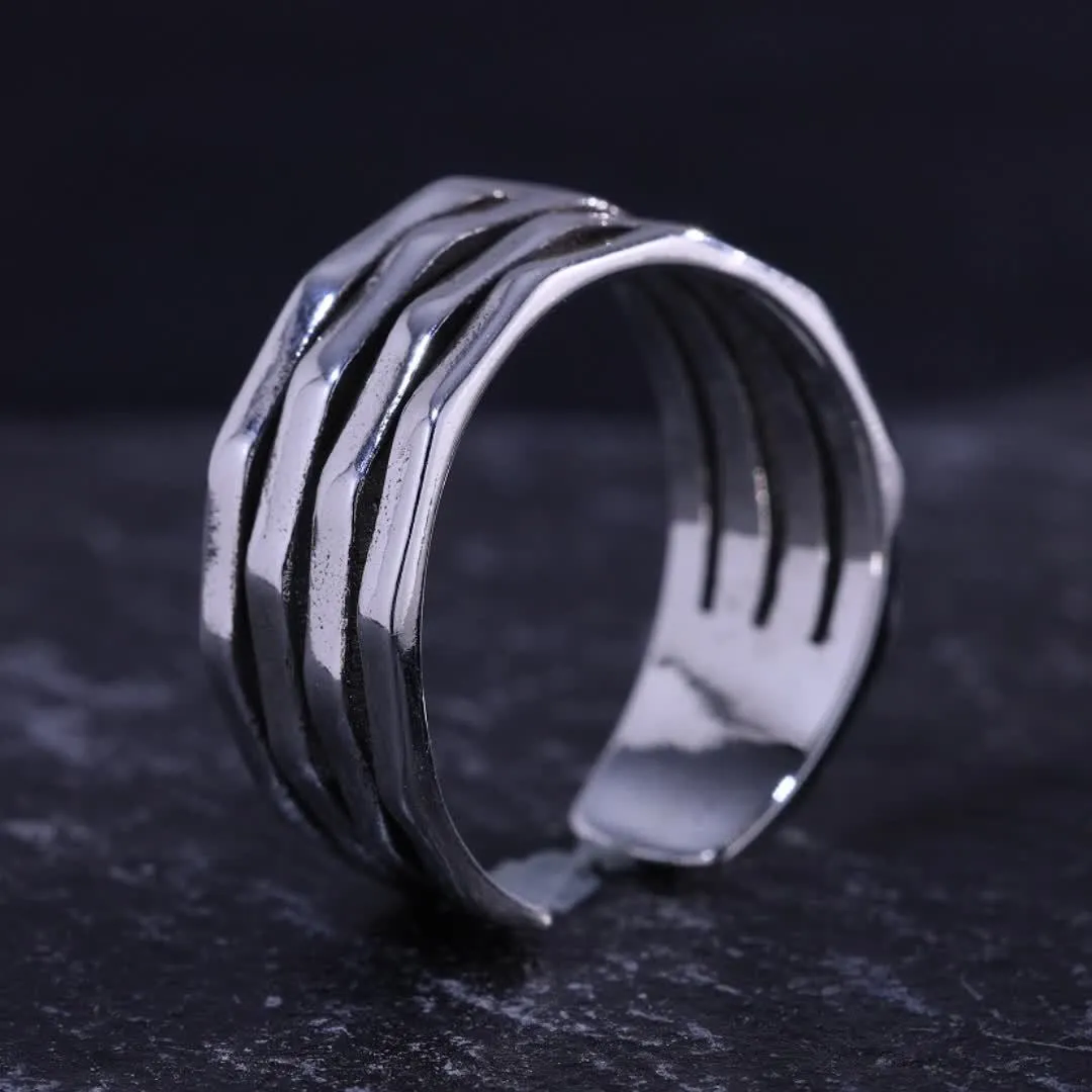 925 Pure Silvery Wide Face Ring for Women, Adjustable Retro Irregular Layer Ring