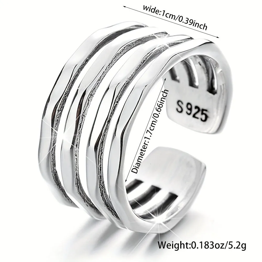 925 Pure Silvery Wide Face Ring for Women, Adjustable Retro Irregular Layer Ring