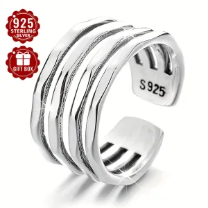 925 Pure Silvery Wide Face Ring for Women, Adjustable Retro Irregular Layer Ring