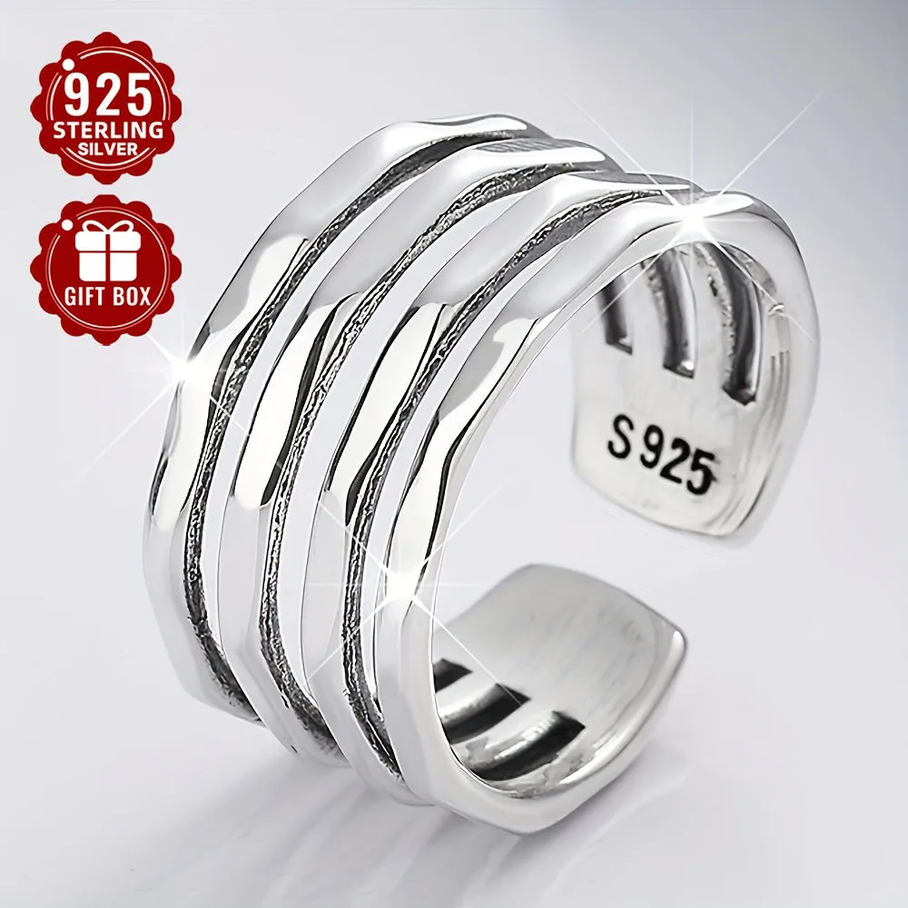 925 Pure Silvery Wide Face Ring for Women, Adjustable Retro Irregular Layer Ring