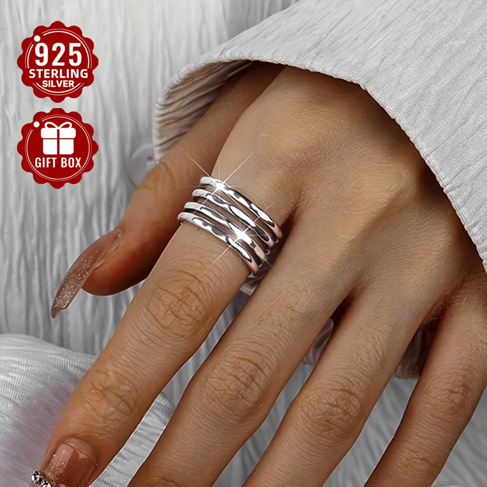 925 Pure Silvery Wide Face Ring for Women, Adjustable Retro Irregular Layer Ring