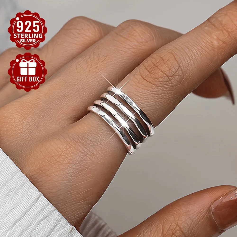 925 Pure Silvery Wide Face Ring for Women, Adjustable Retro Irregular Layer Ring