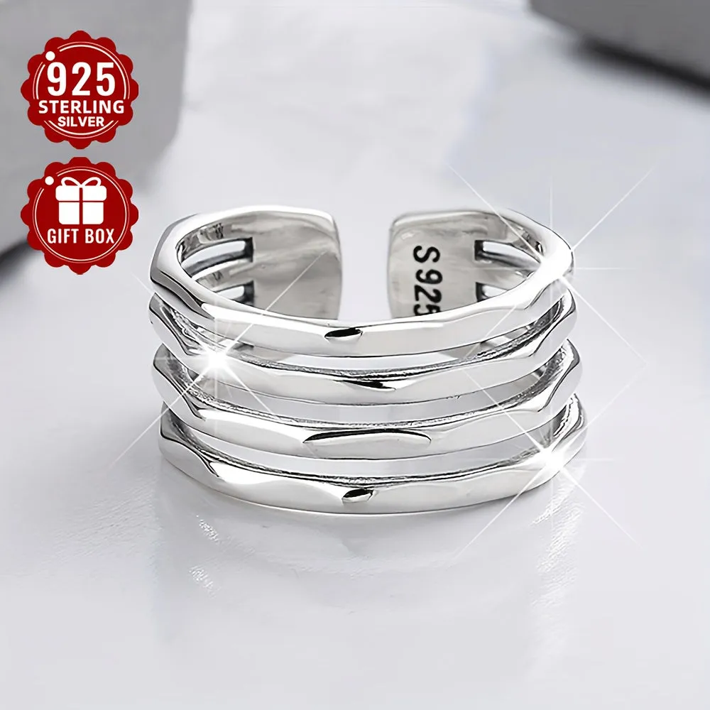 925 Pure Silvery Wide Face Ring for Women, Adjustable Retro Irregular Layer Ring