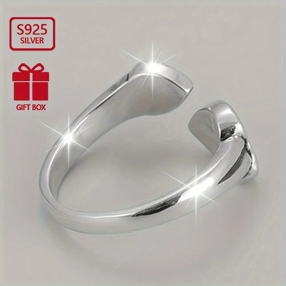 925 Silver Double Heart Glossy Retro Ring Unisex Wind Ring