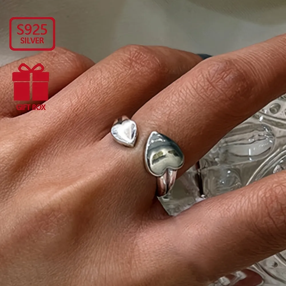 925 Silver Double Heart Glossy Retro Ring Unisex Wind Ring