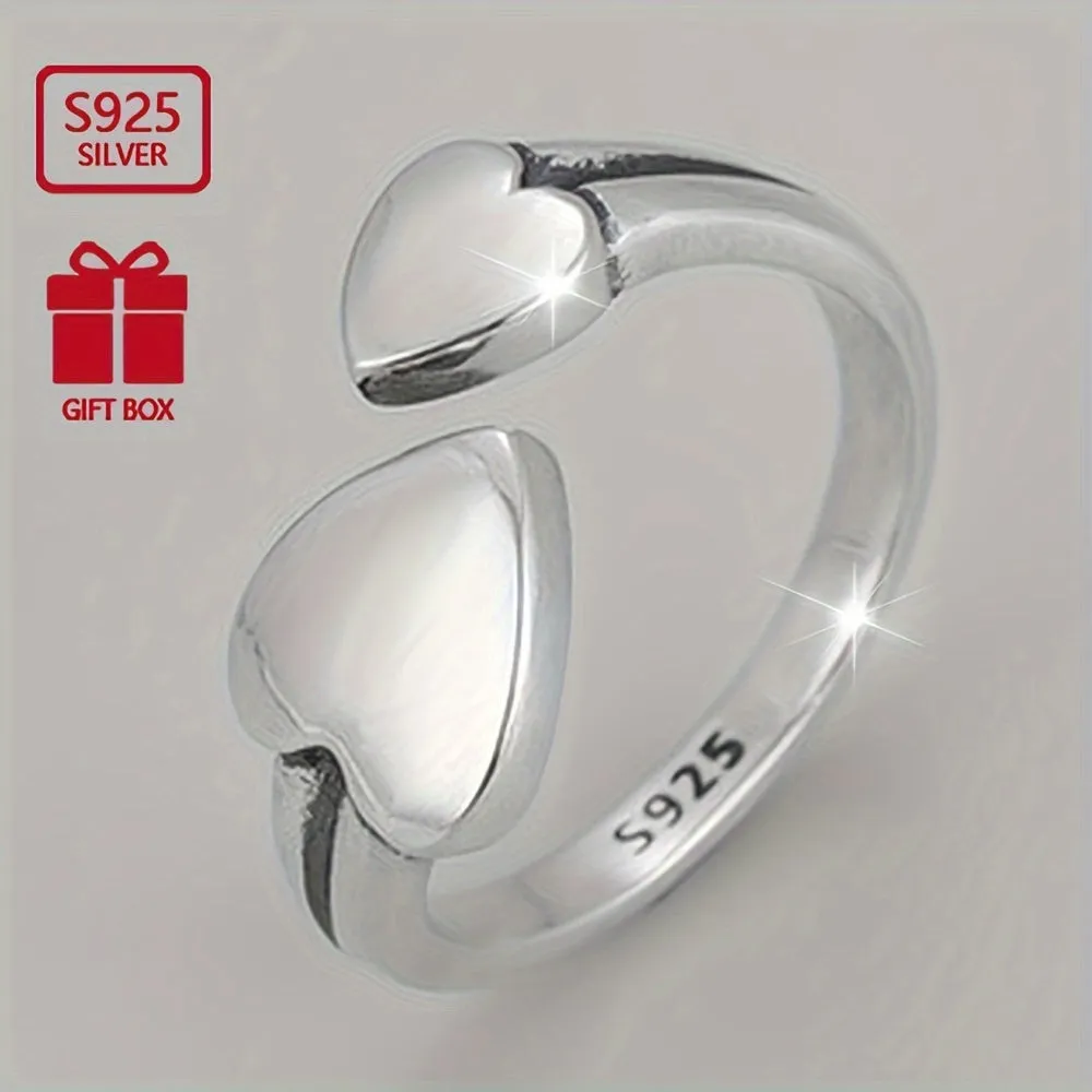 925 Silver Double Heart Glossy Retro Ring Unisex Wind Ring