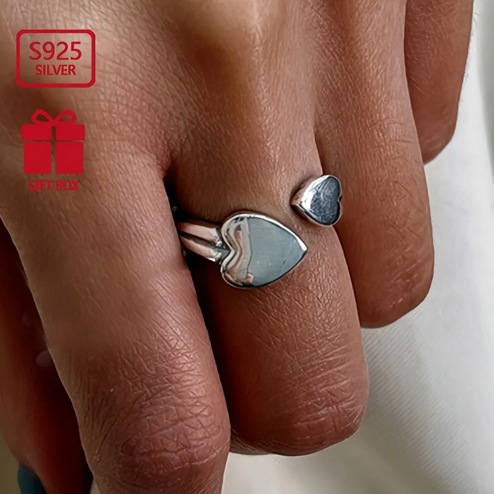 925 Silver Double Heart Glossy Retro Ring Unisex Wind Ring