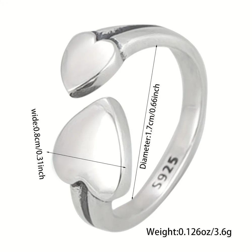 925 Silver Double Heart Glossy Retro Ring Unisex Wind Ring