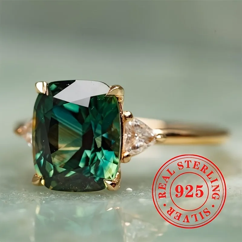 925 Silver Green Gemstone Ring for Women - Retro Design